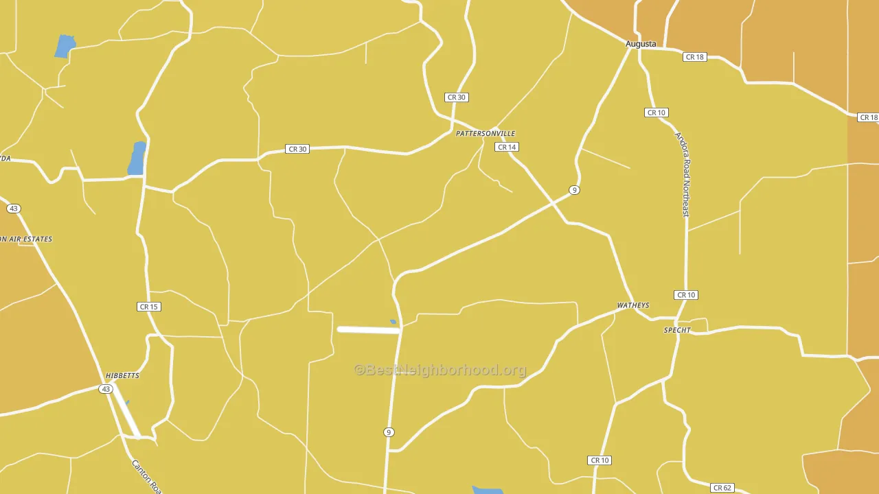 Map of the best neighborhoods in the Pattersonville area, with better matches in green and worse matches in red