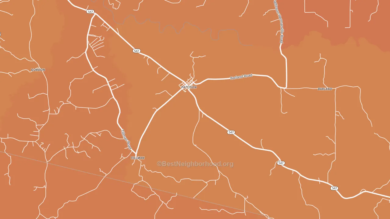 Map of the best neighborhoods in the Pattison area, with better matches in green and worse matches in red