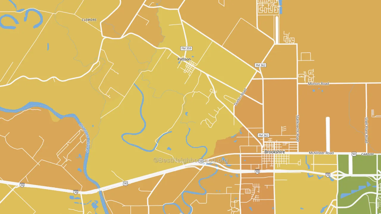Map of the best neighborhoods in the Pattison area, with better matches in green and worse matches in red