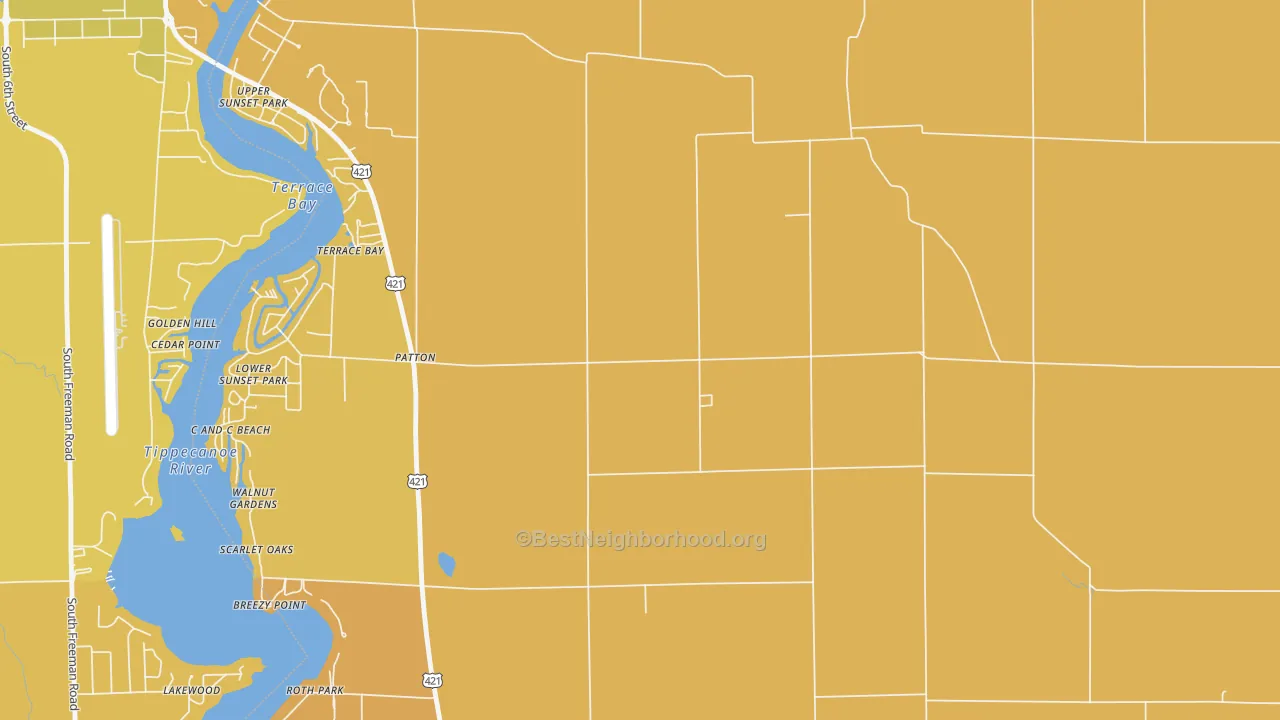 Map of the best neighborhoods in the Patton area, with better matches in green and worse matches in red