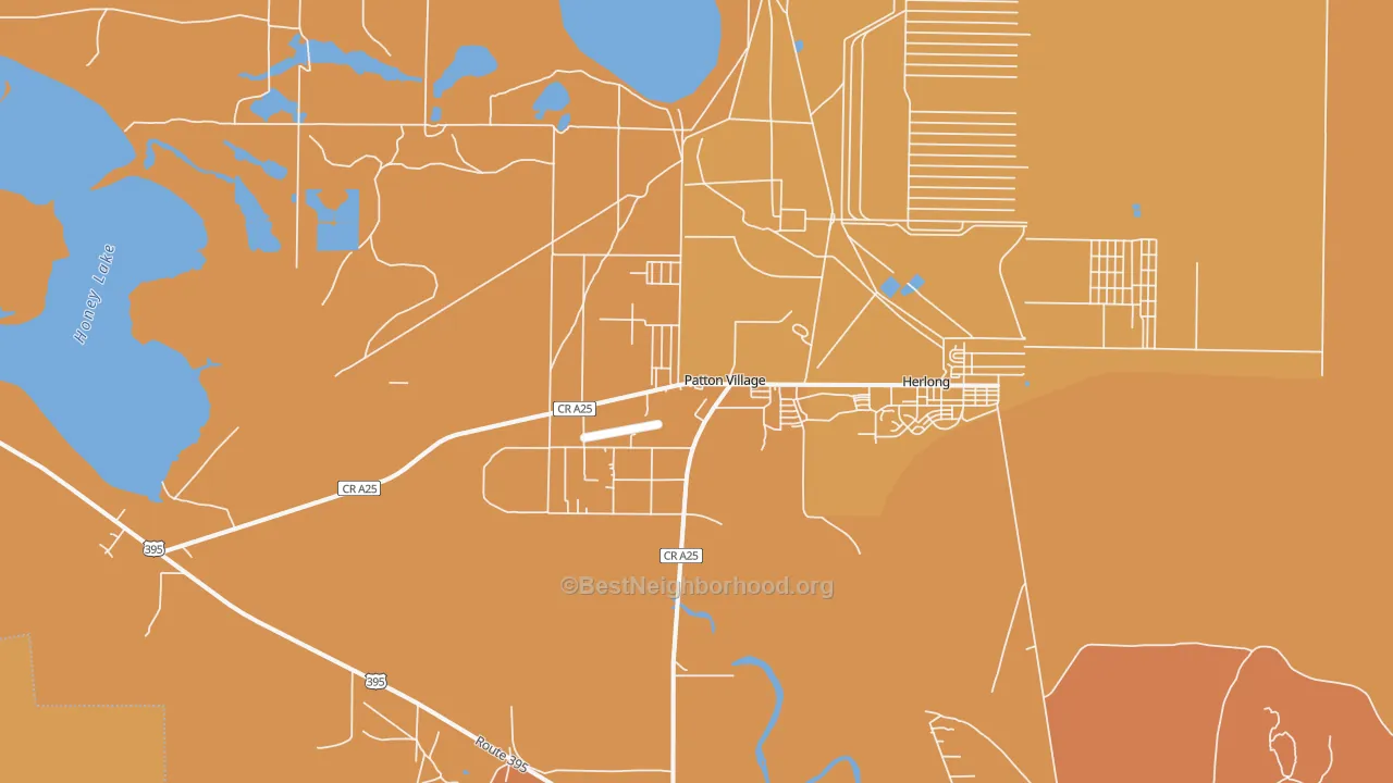 Map of the best neighborhoods in the Patton Village area, with better matches in green and worse matches in red