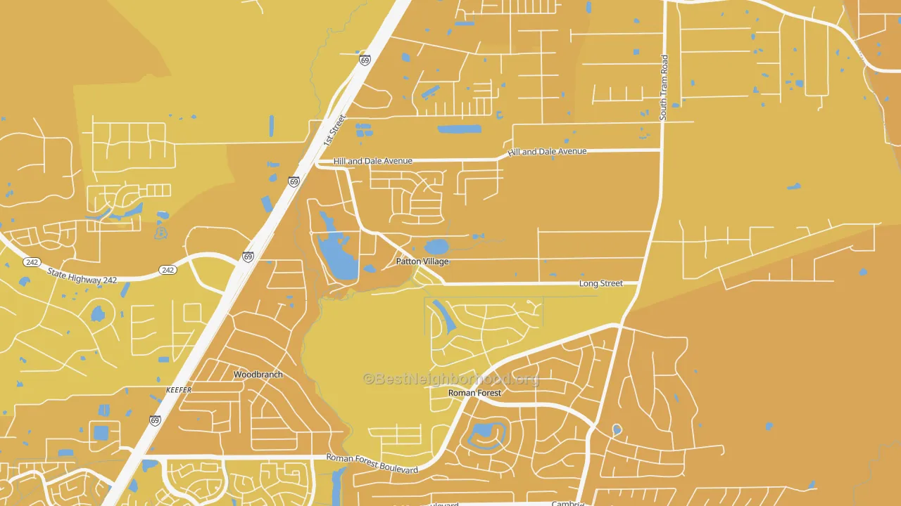 Map of the best neighborhoods in the Patton Village area, with better matches in green and worse matches in red