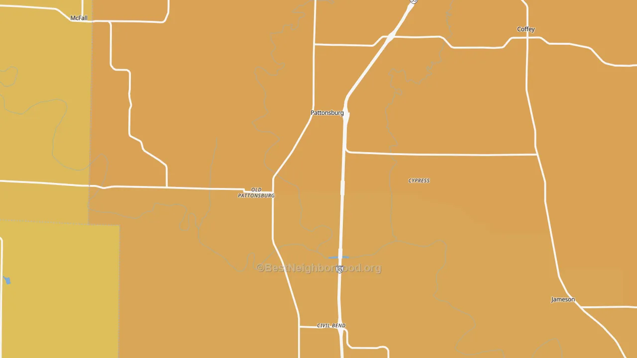 Map of the best neighborhoods in the Pattonsburg area, with better matches in green and worse matches in red
