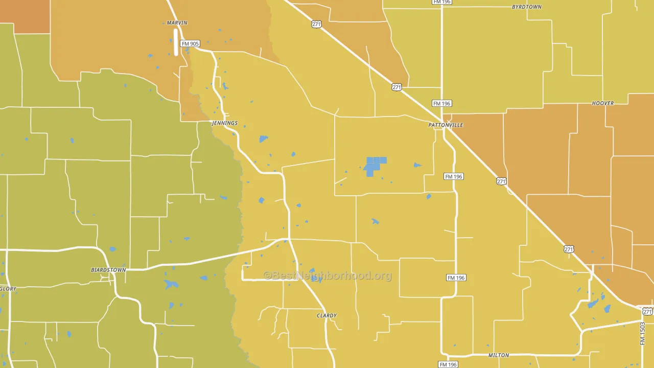 Map of the best neighborhoods in the Pattonville area, with better matches in green and worse matches in red