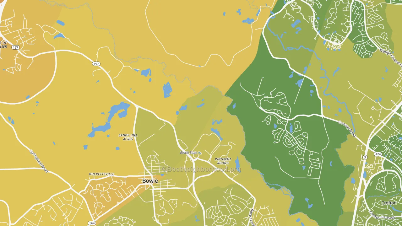 Map of the best neighborhoods in the Patuxent area, with better matches in green and worse matches in red