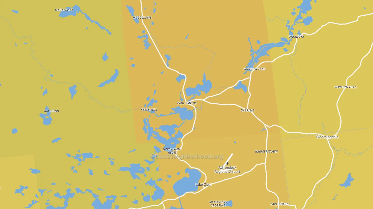 Map of the best neighborhoods in the Paul Smiths area, with better matches in green and worse matches in red