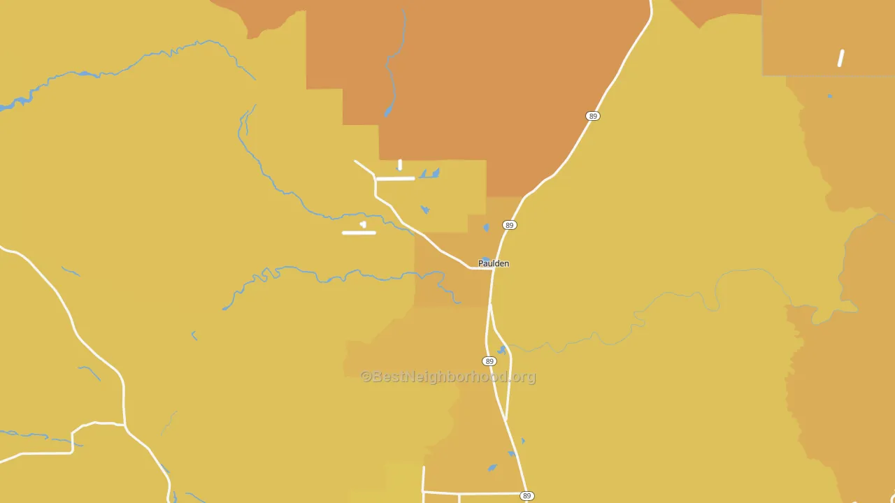 Map of the best neighborhoods in the Paulden area, with better matches in green and worse matches in red