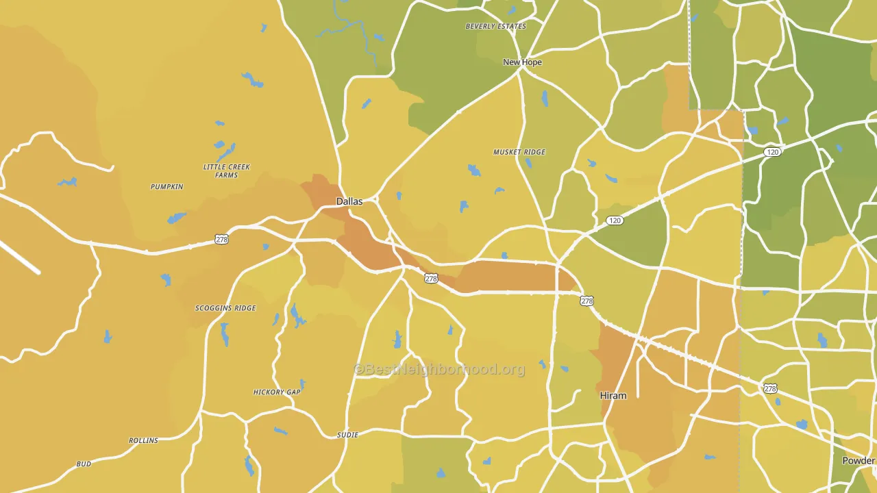 Map of the best neighborhoods in the Paulding County area, with better matches in green and worse matches in red
