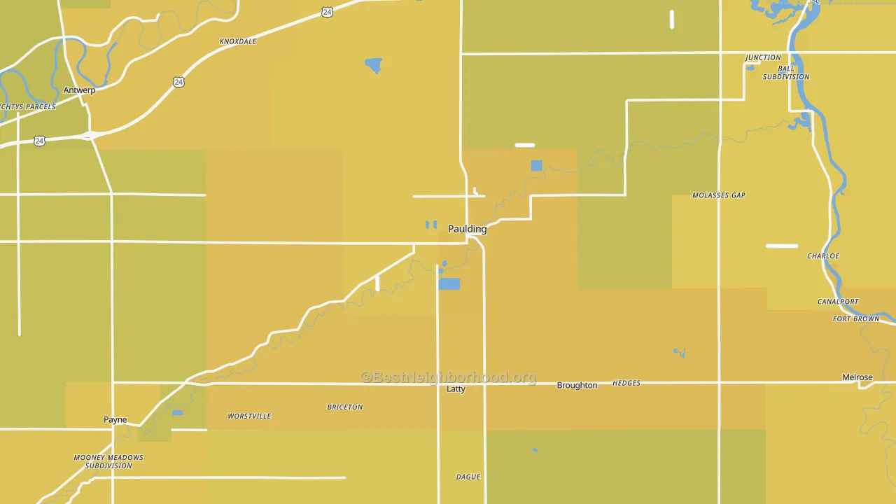 Map of the best neighborhoods in the Paulding County area, with better matches in green and worse matches in red