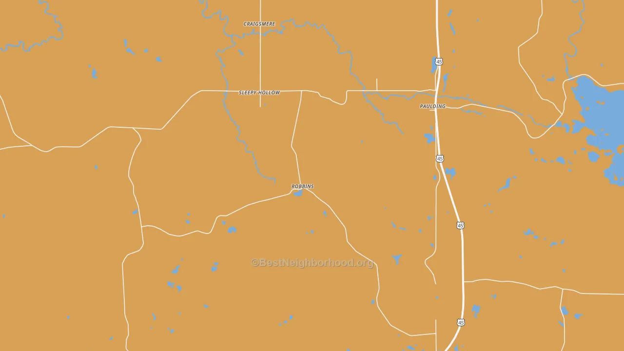 Map of the best neighborhoods in the Paulding area, with better matches in green and worse matches in red