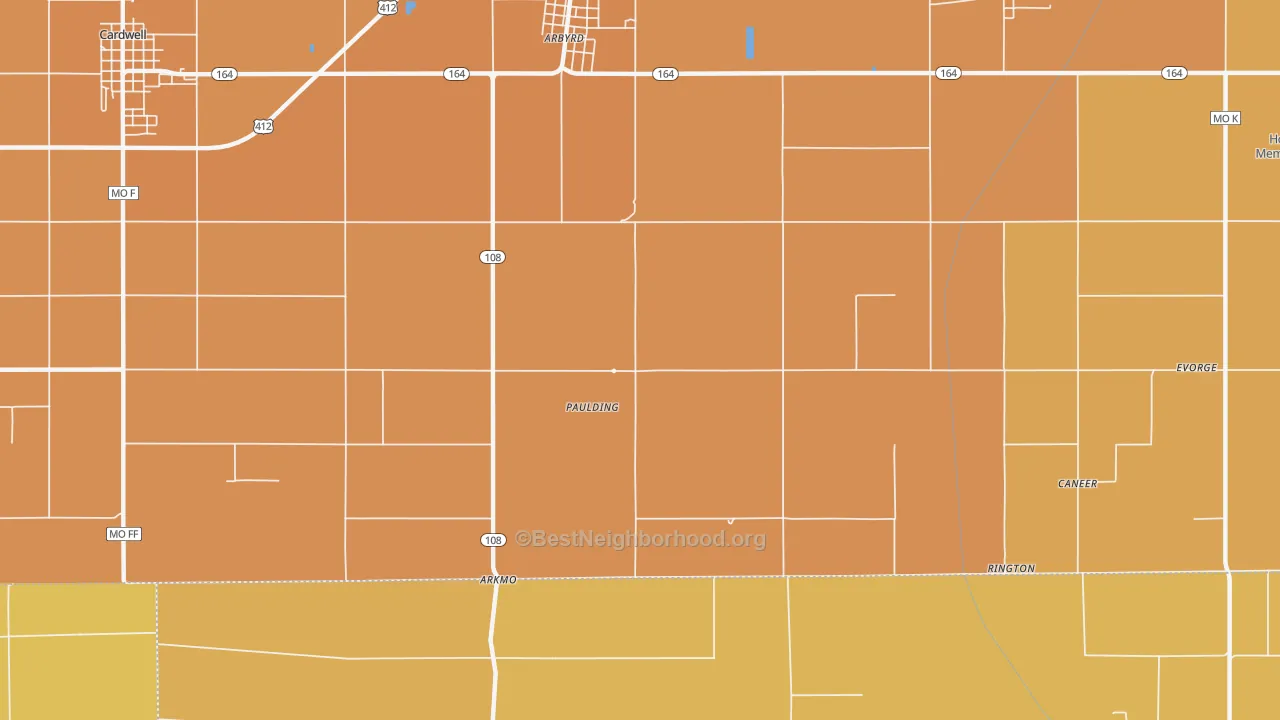 Map of the best neighborhoods in the Paulding area, with better matches in green and worse matches in red