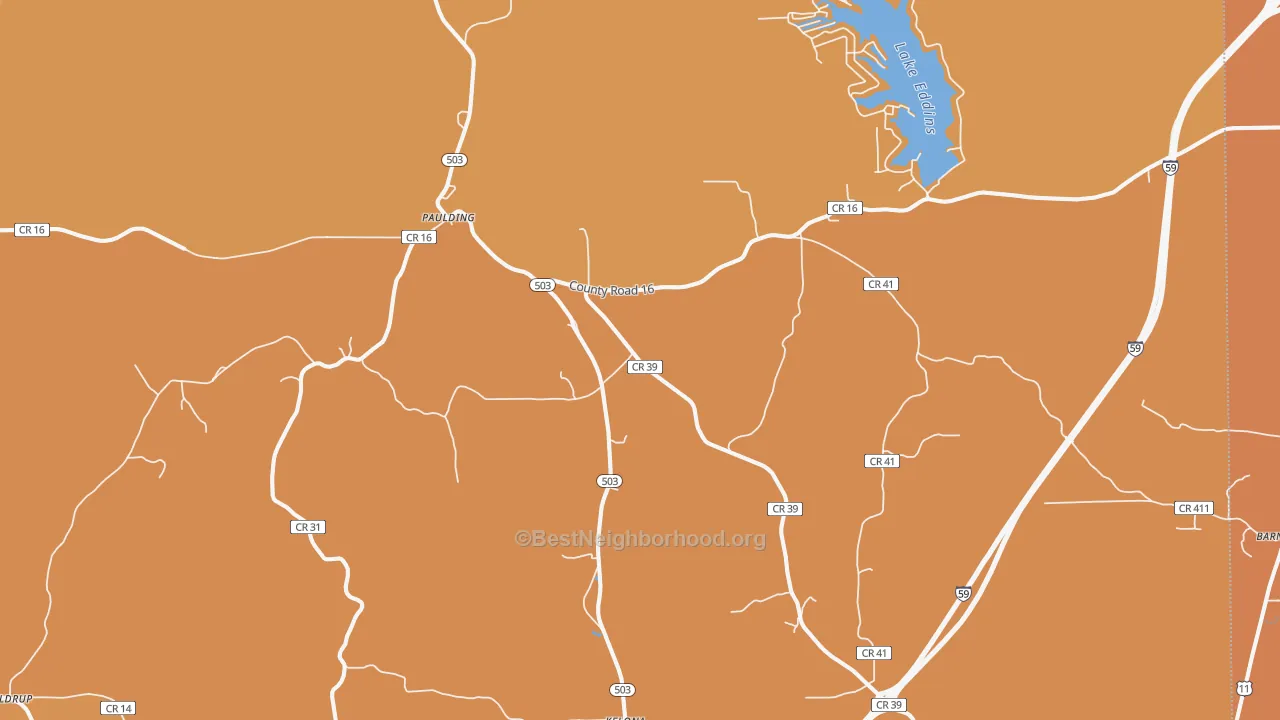 Map of the best neighborhoods in the Paulding area, with better matches in green and worse matches in red