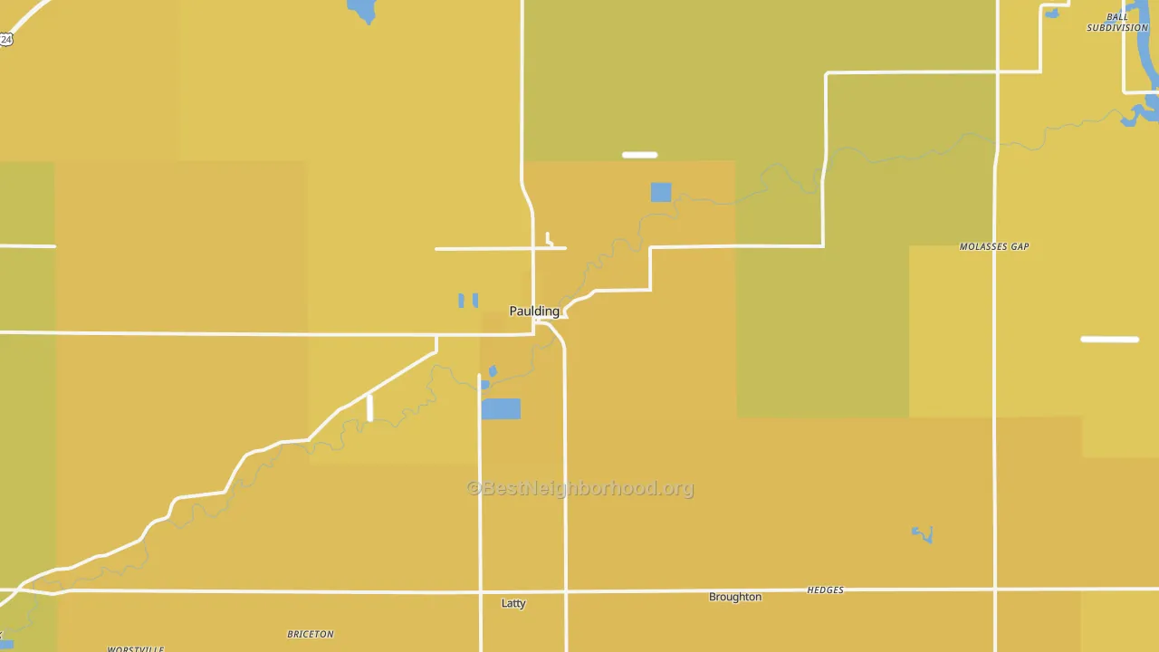 Map of the best neighborhoods in the Paulding area, with better matches in green and worse matches in red