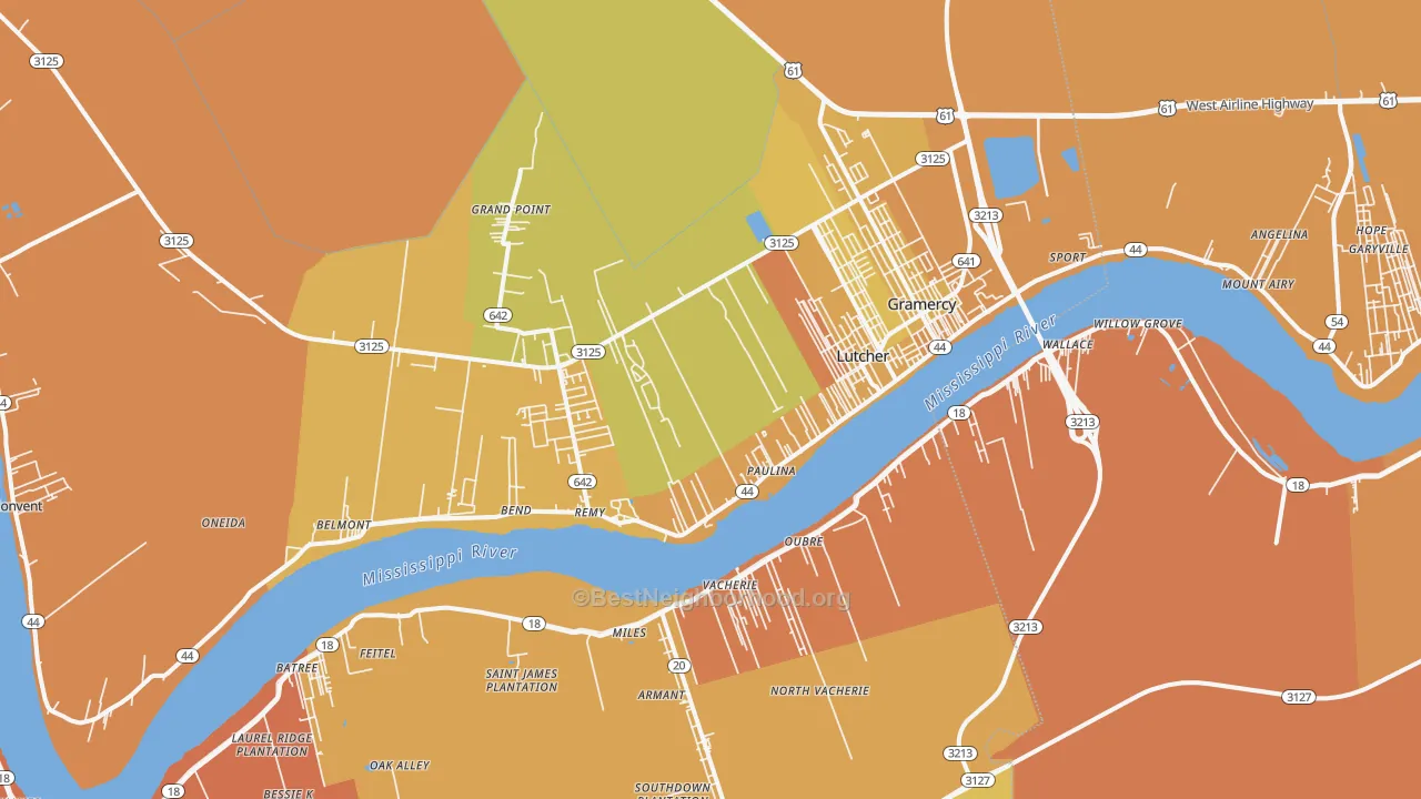 Map of the best neighborhoods in the Paulina area, with better matches in green and worse matches in red