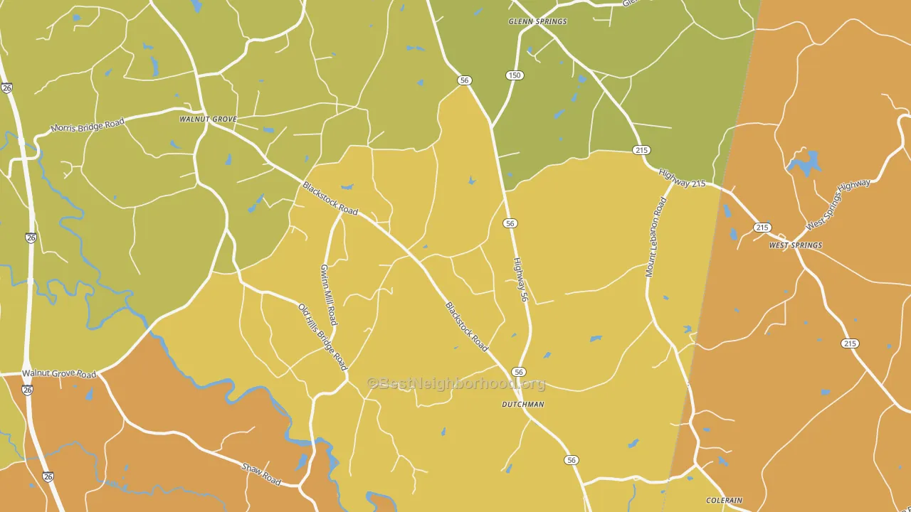 Map of the best neighborhoods in the Pauline area, with better matches in green and worse matches in red