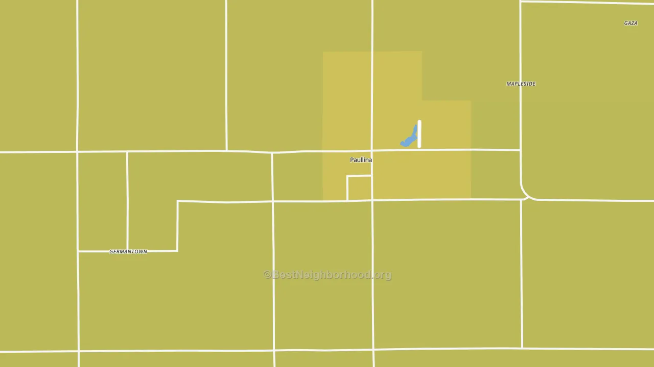 Map of the best neighborhoods in the Paullina area, with better matches in green and worse matches in red