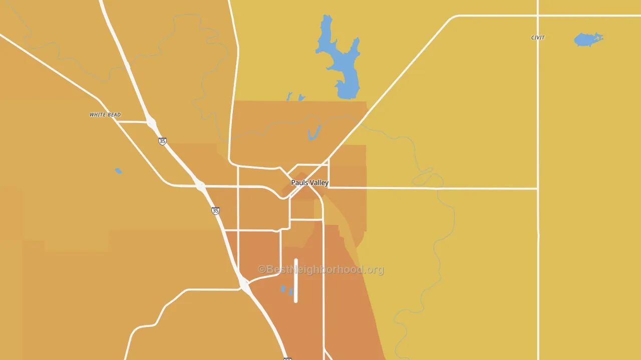 Map of the best neighborhoods in the Pauls Valley area, with better matches in green and worse matches in red