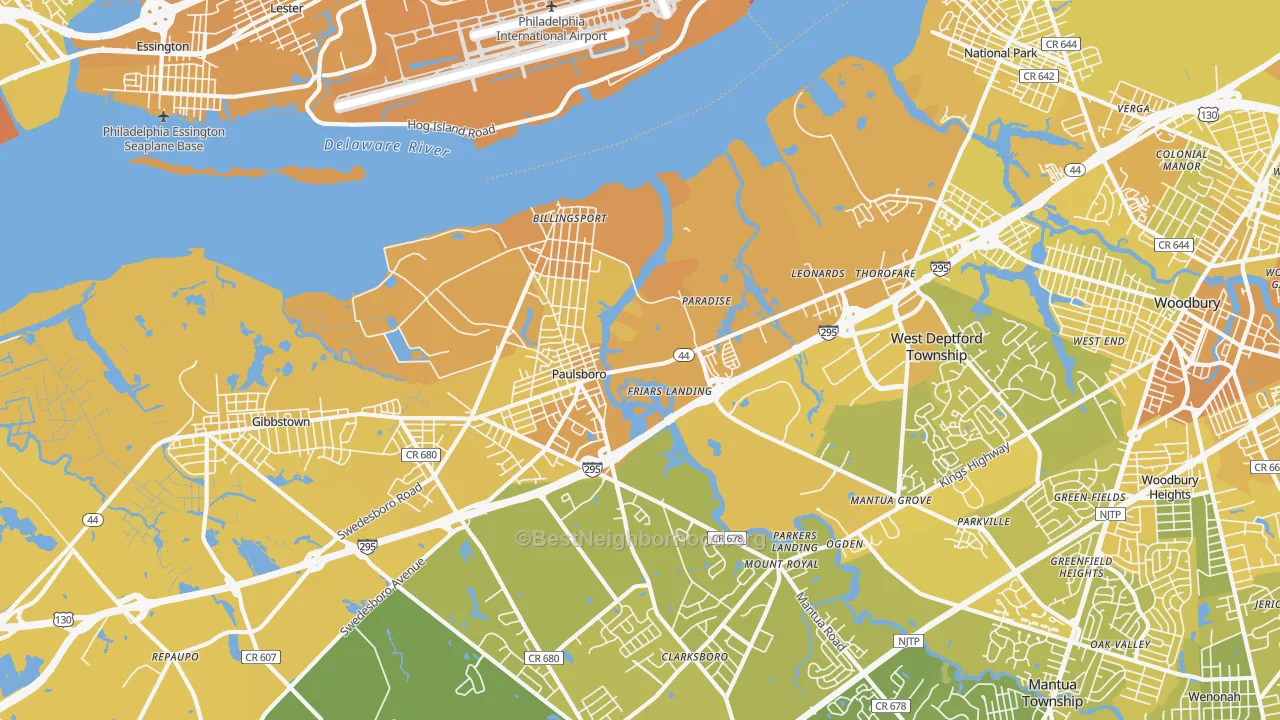 Map of the best neighborhoods in the Paulsboro area, with better matches in green and worse matches in red