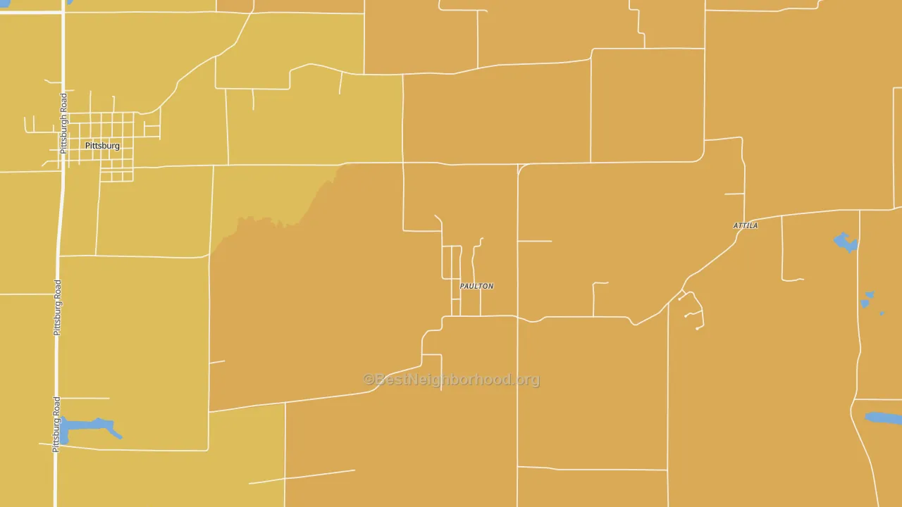 Map of the best neighborhoods in the Paulton area, with better matches in green and worse matches in red