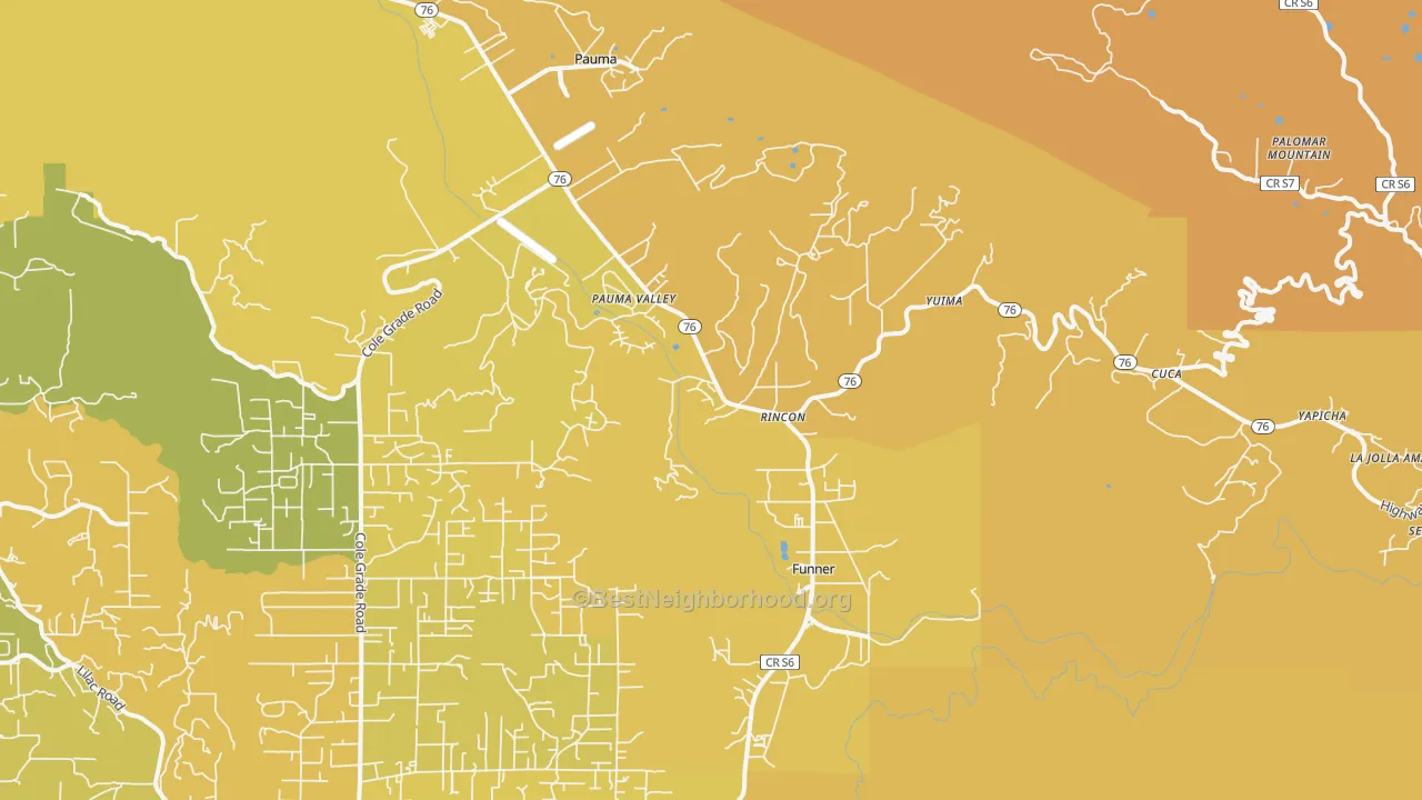 Map of the best neighborhoods in the Pauma Valley area, with better matches in green and worse matches in red