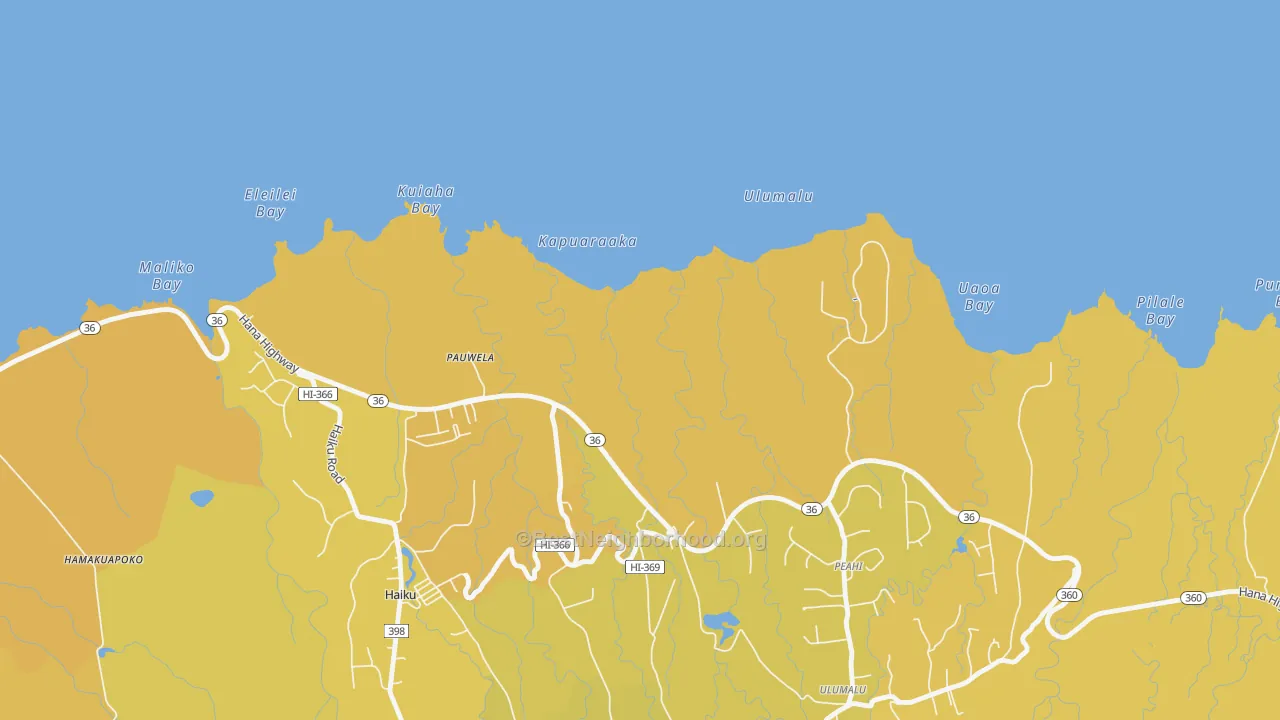 Map of the best neighborhoods in the Pauwela area, with better matches in green and worse matches in red