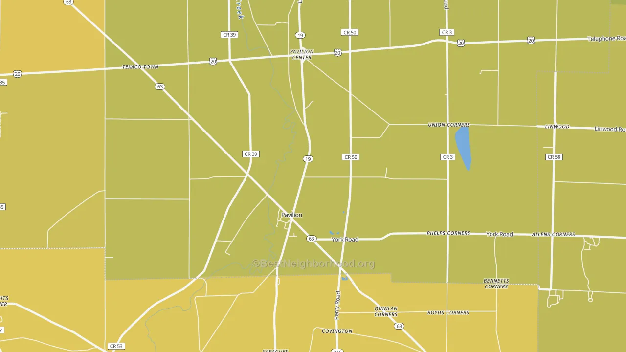 Map of the best neighborhoods in the Pavilion area, with better matches in green and worse matches in red