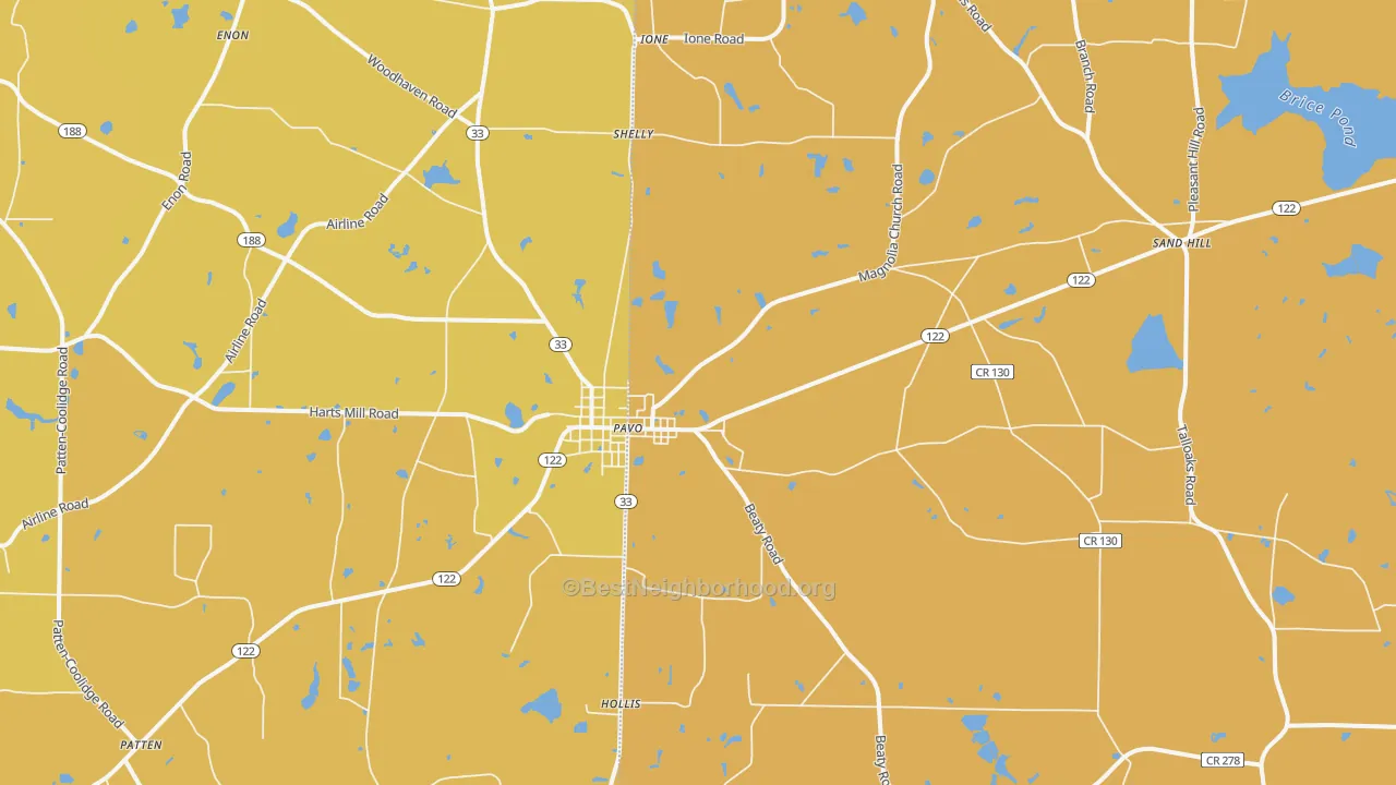 Map of the best neighborhoods in the Pavo area, with better matches in green and worse matches in red