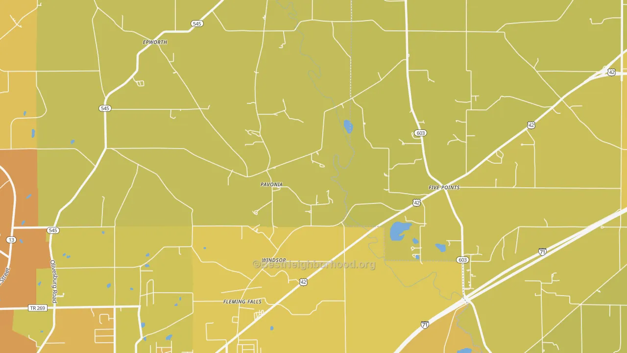 Map of the best neighborhoods in the Pavonia area, with better matches in green and worse matches in red