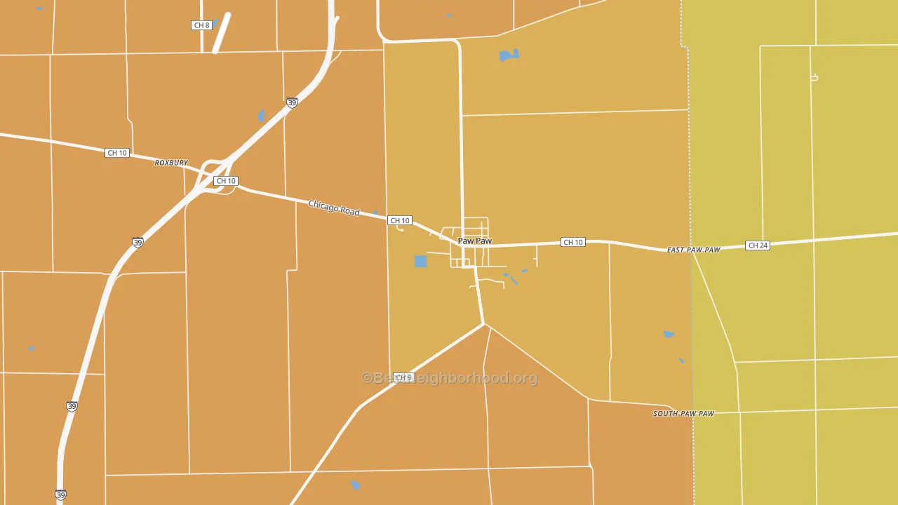 Map of the best neighborhoods in the Paw Paw area, with better matches in green and worse matches in red