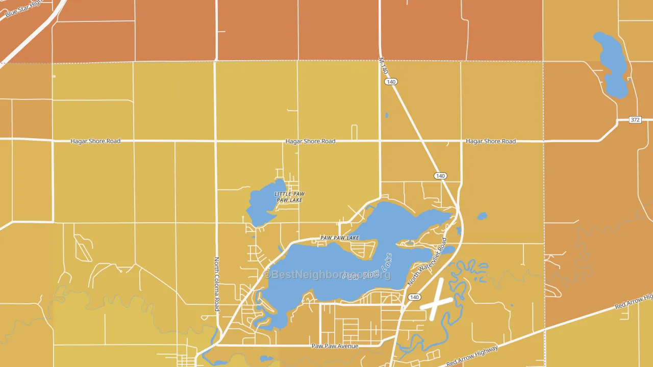 Map of the best neighborhoods in the Paw Paw Lake area, with better matches in green and worse matches in red