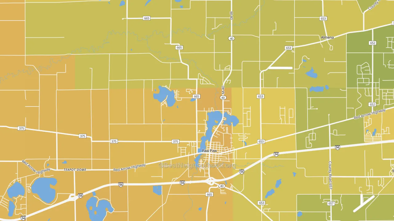 Map of the best neighborhoods in the Paw Paw area, with better matches in green and worse matches in red