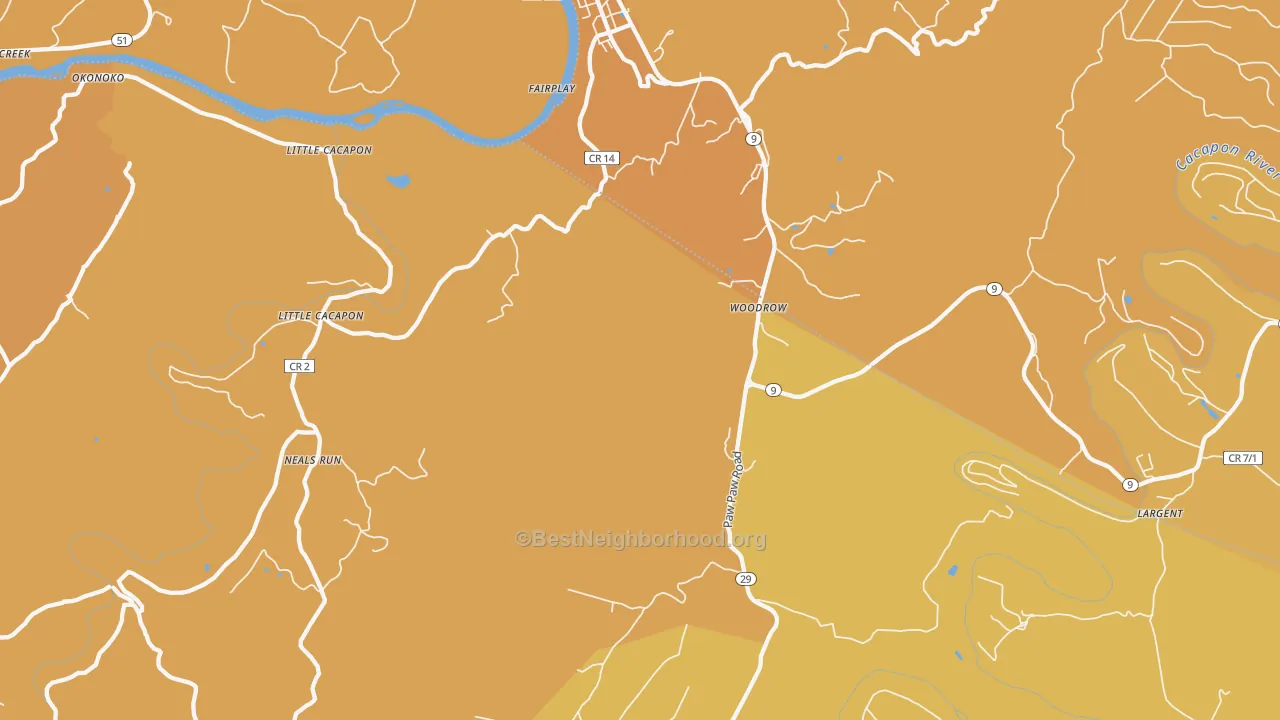 Map of the best neighborhoods in the Paw Paw area, with better matches in green and worse matches in red