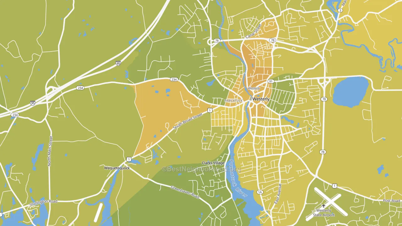 Map of the best neighborhoods in the Pawcatuck area, with better matches in green and worse matches in red