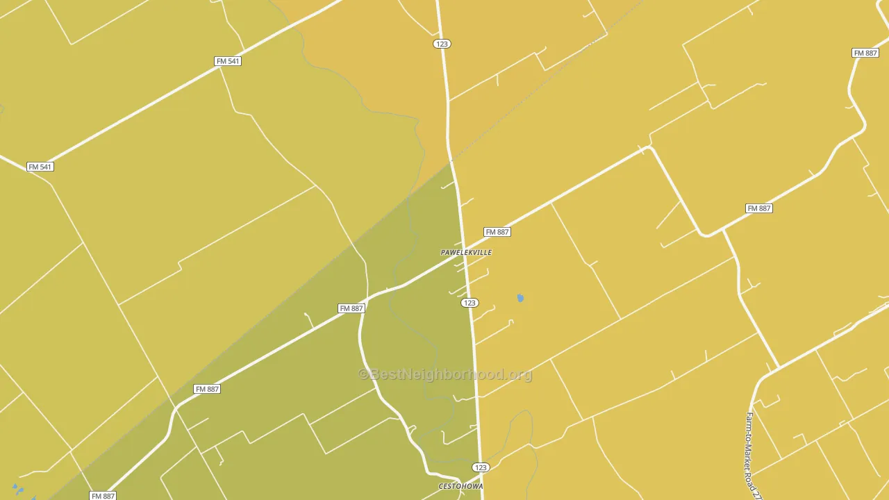 Map of the best neighborhoods in the Pawelekville area, with better matches in green and worse matches in red