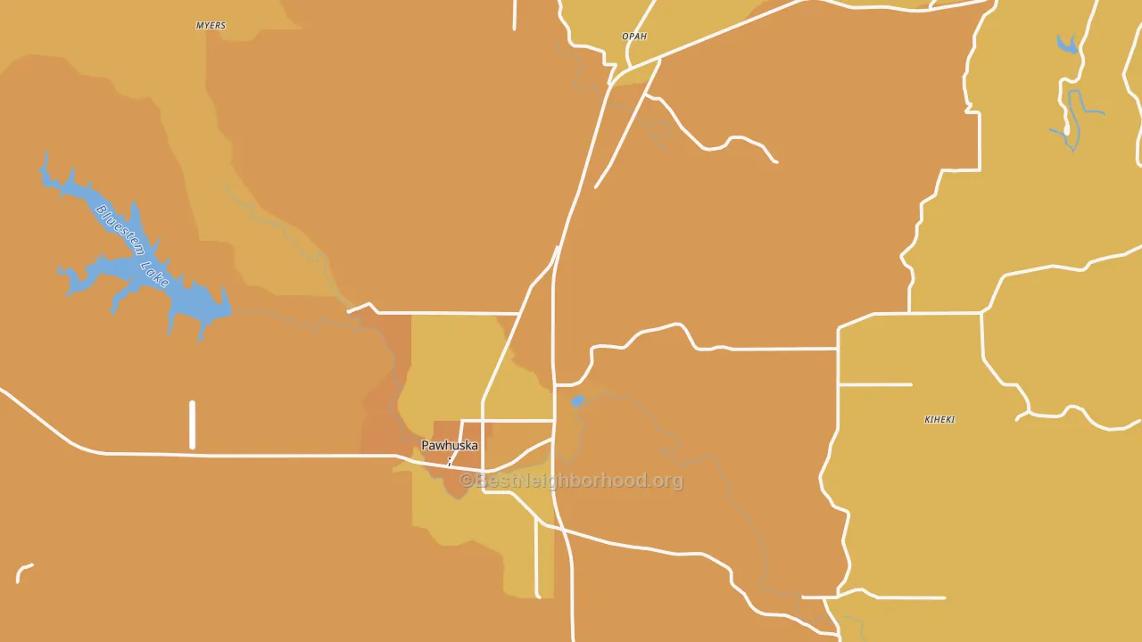 Map of the best neighborhoods in the Pawhuska area, with better matches in green and worse matches in red