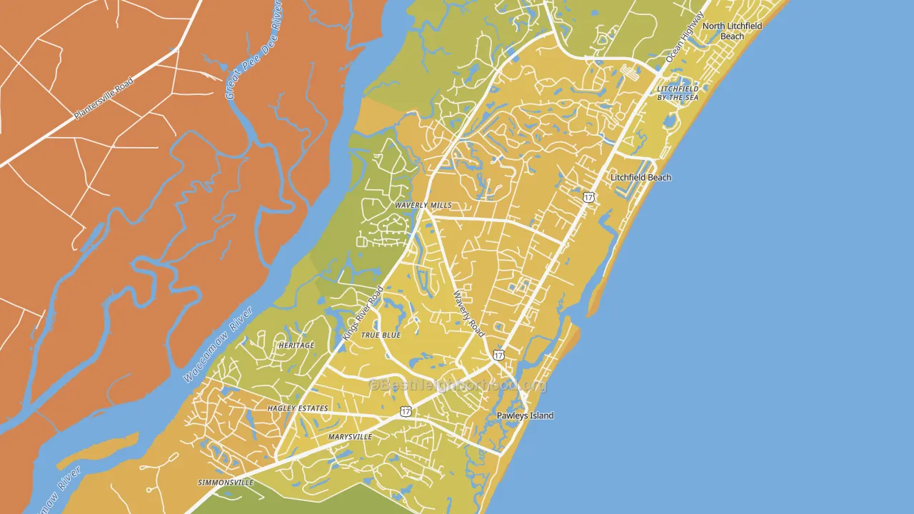 Map of the best neighborhoods in the Pawleys Island area, with better matches in green and worse matches in red