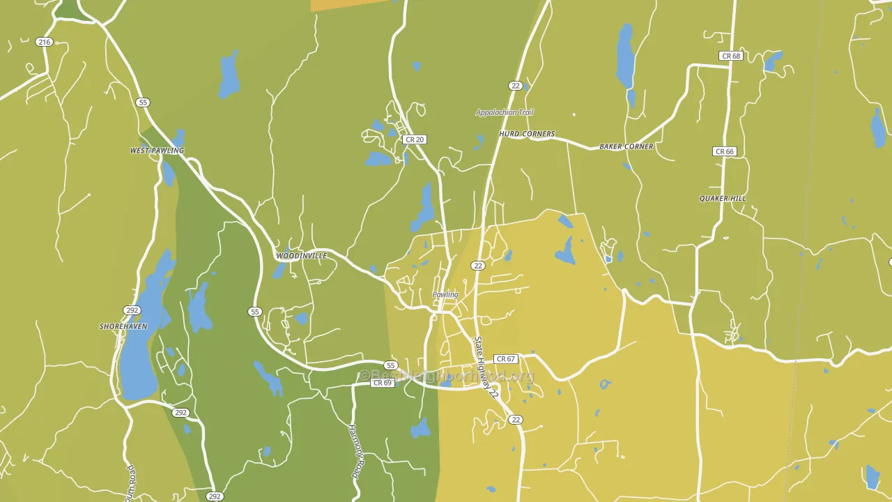 Map of the best neighborhoods in the Pawling area, with better matches in green and worse matches in red