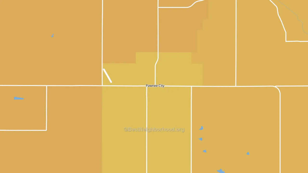 Map of the best neighborhoods in the Pawnee City area, with better matches in green and worse matches in red