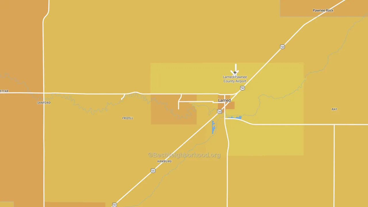 Map of the best neighborhoods in the Pawnee County area, with better matches in green and worse matches in red