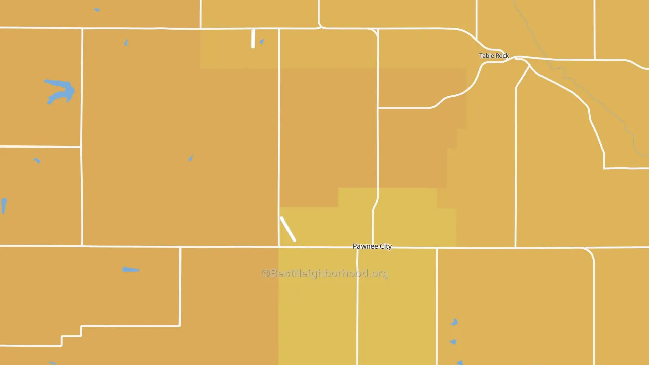Map of the best neighborhoods in the Pawnee County area, with better matches in green and worse matches in red