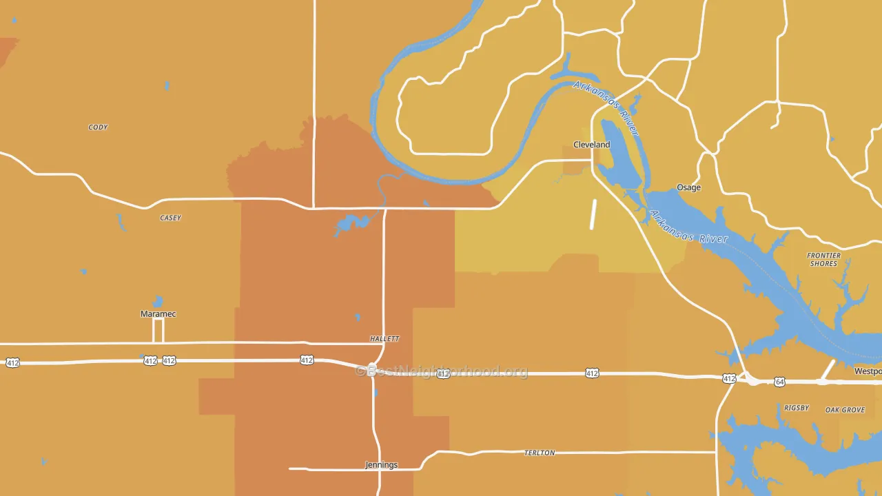 Map of the best neighborhoods in the Pawnee County area, with better matches in green and worse matches in red