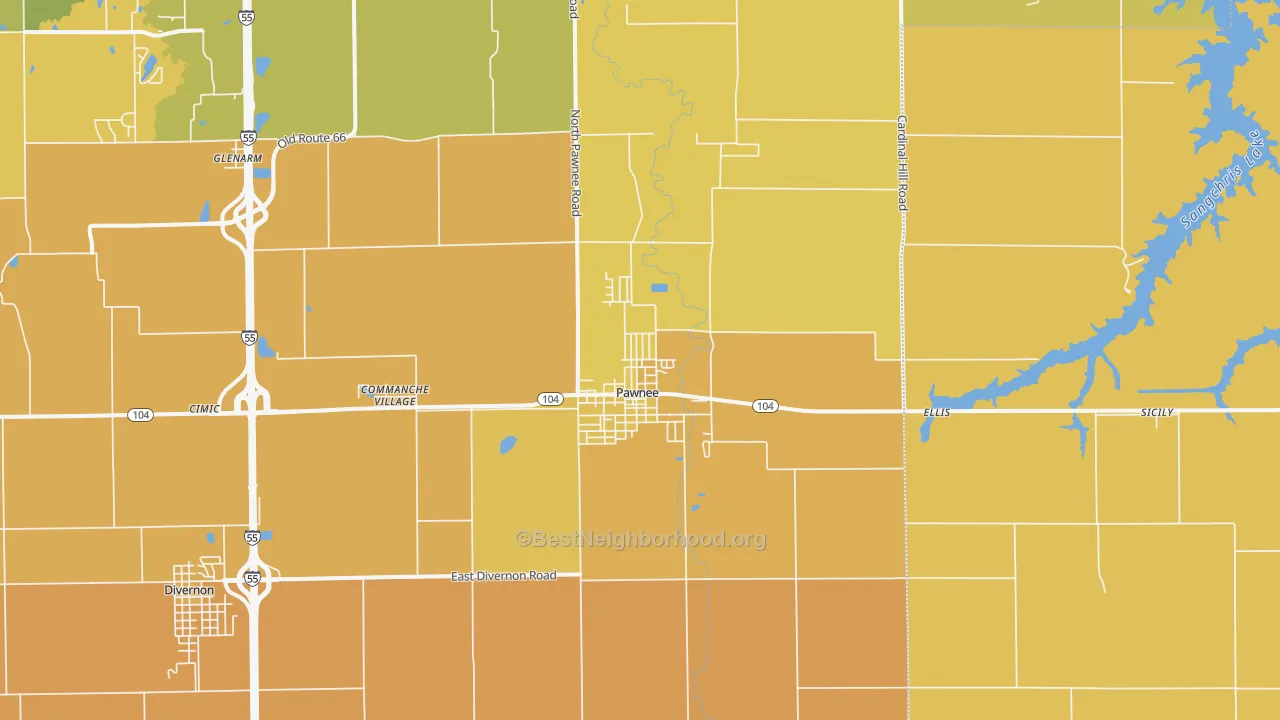 Map of the best neighborhoods in the Pawnee area, with better matches in green and worse matches in red