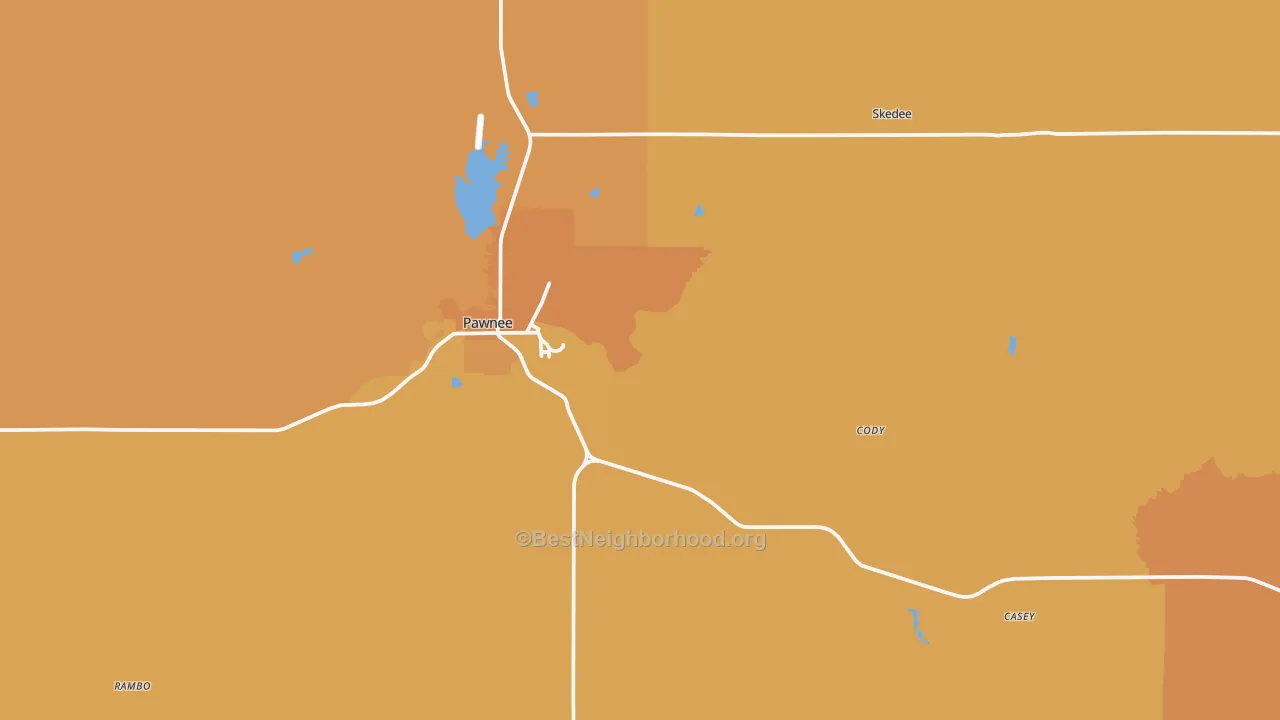 Map of the best neighborhoods in the Pawnee area, with better matches in green and worse matches in red
