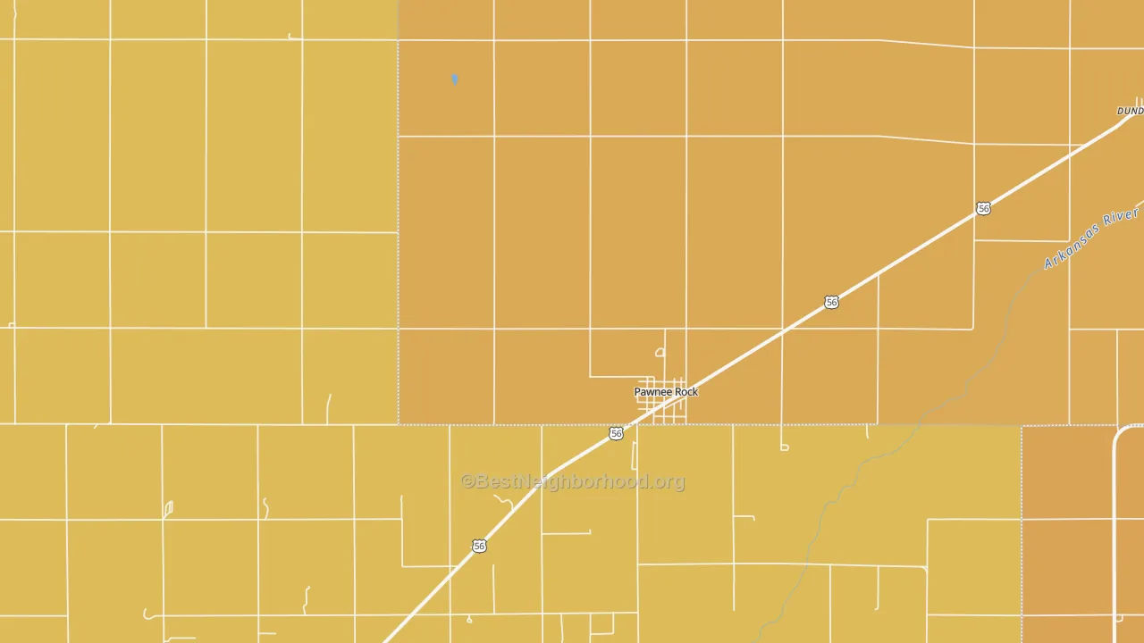 Map of the best neighborhoods in the Pawnee Rock area, with better matches in green and worse matches in red