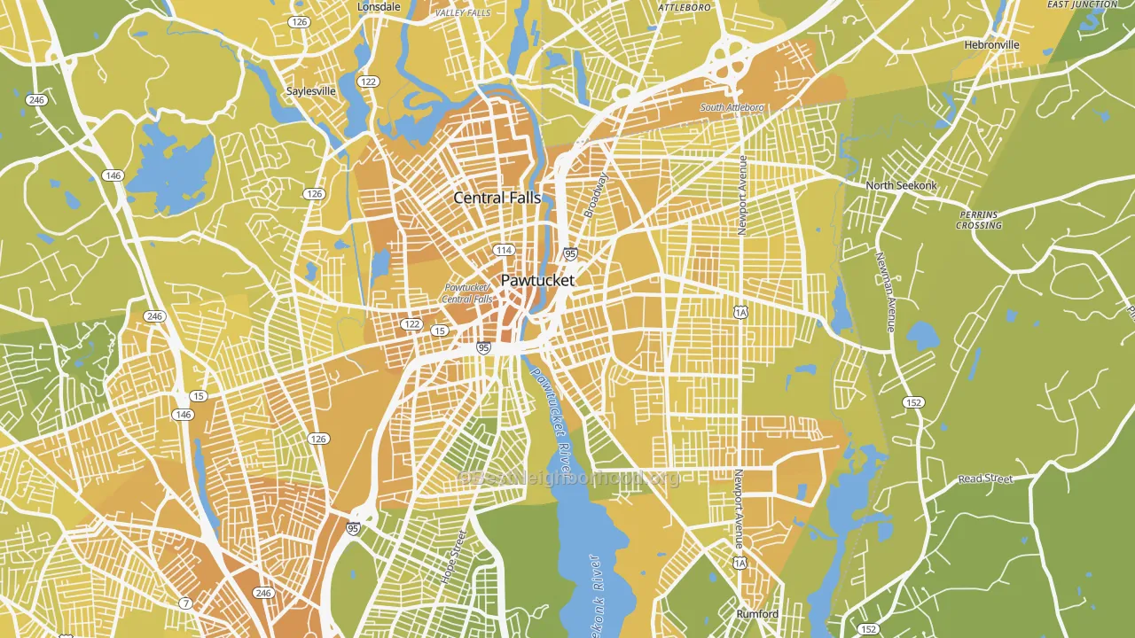 Map of the best neighborhoods in the Pawtucket area, with better matches in green and worse matches in red