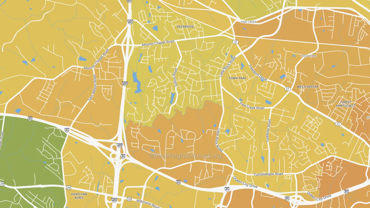 Map of the best neighborhoods in the Pawtuckett, Charlotte area, with better matches in green and worse matches in red