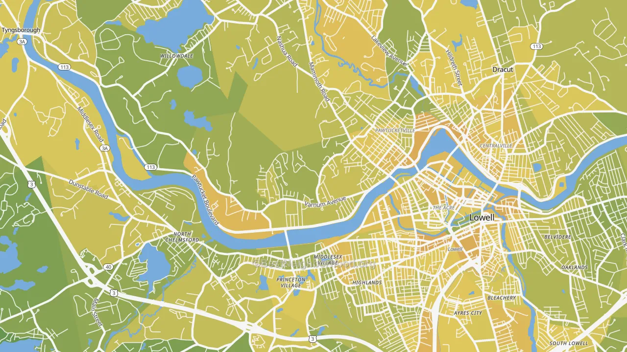 Map of the best neighborhoods in the Pawtucketville, Lowell area, with better matches in green and worse matches in red