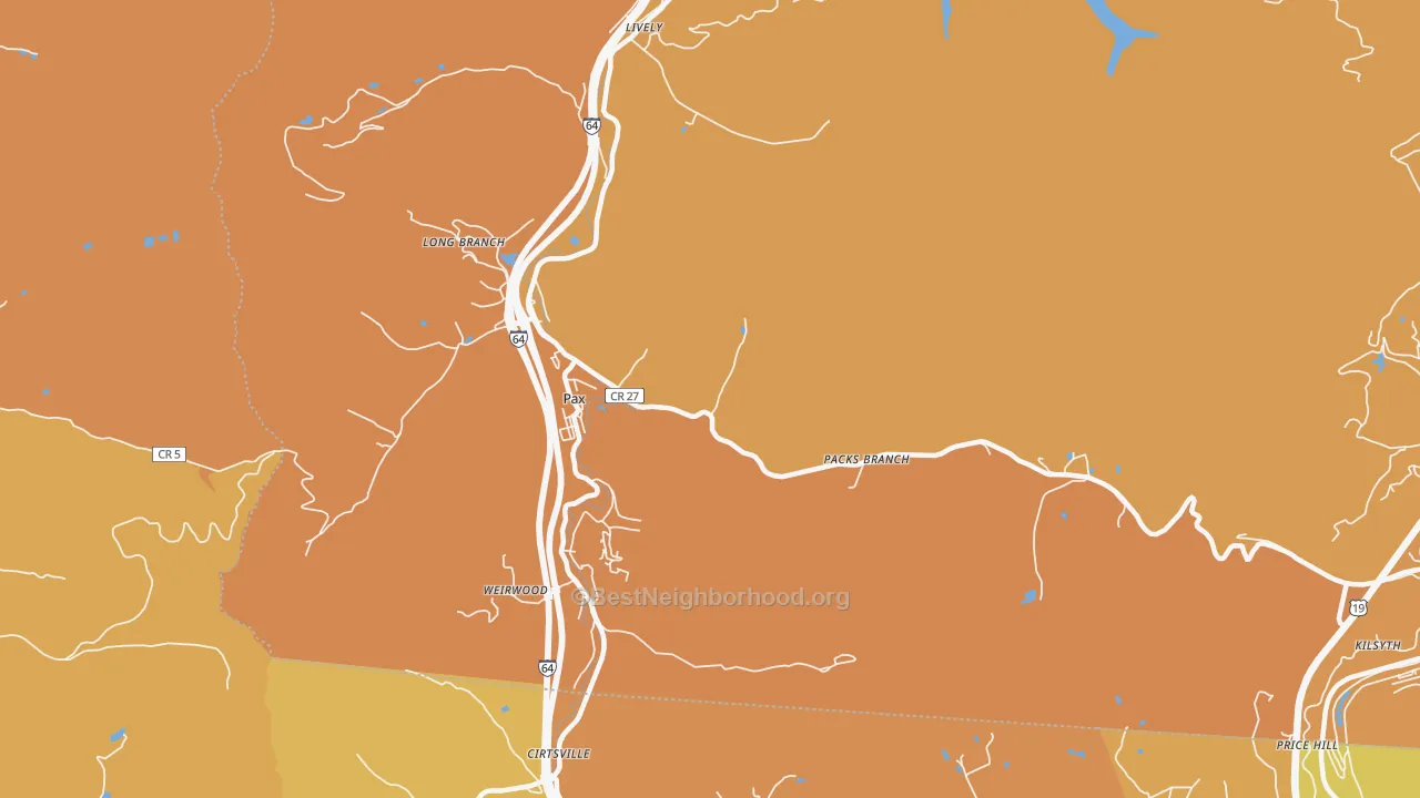 Map of the best neighborhoods in the Pax area, with better matches in green and worse matches in red