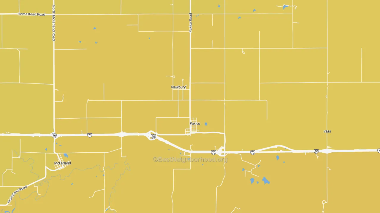 Map of the best neighborhoods in the Paxico area, with better matches in green and worse matches in red
