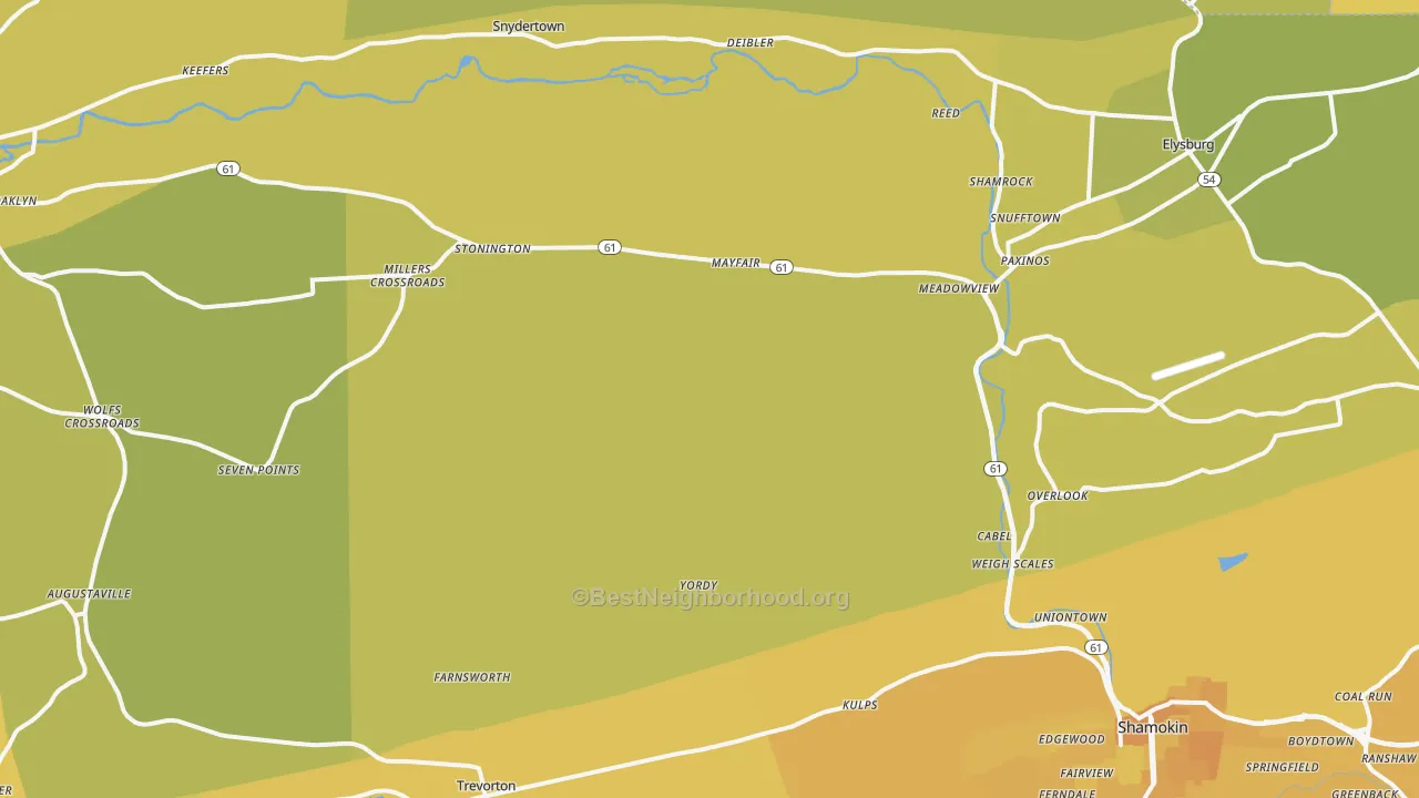 Map of the best neighborhoods in the Paxinos area, with better matches in green and worse matches in red